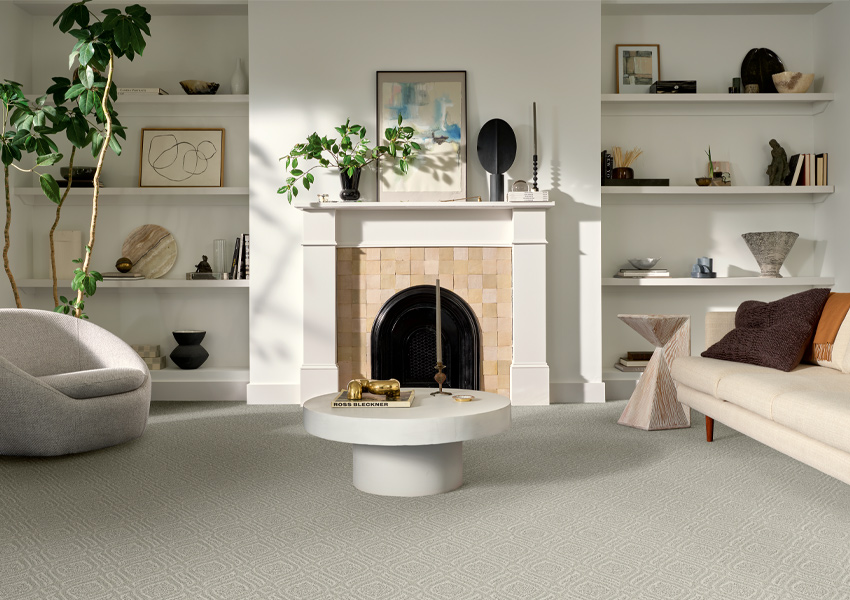 grey carpet in living room with modern decor.